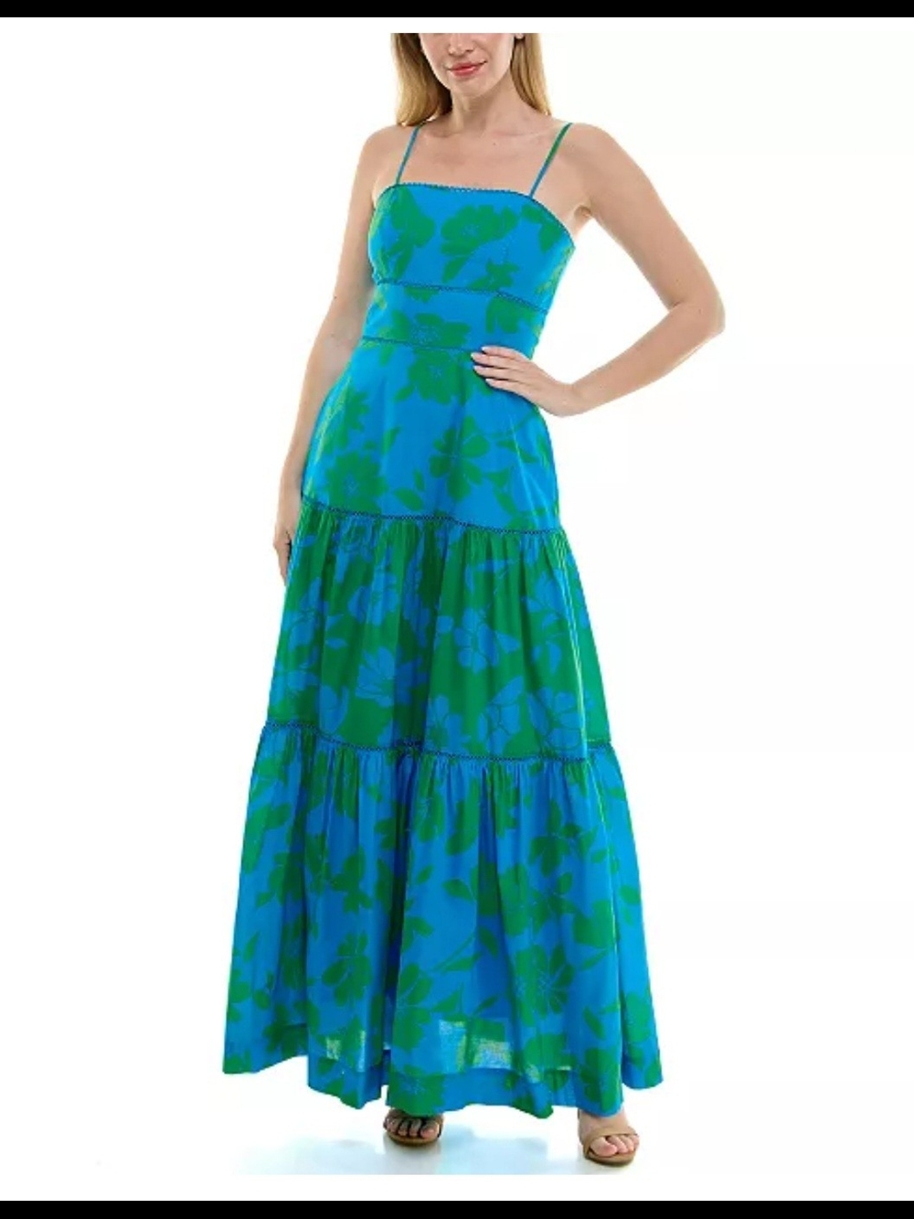Taylor Blue and Green Tropical Floral Maxi Dress